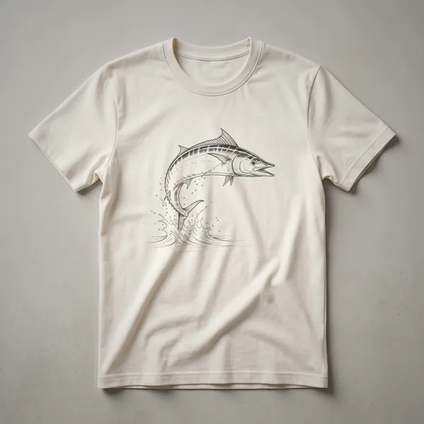 A black and white line drawing of a wahoo fish jumping out of stylized waves, depicted on a t-shirt.