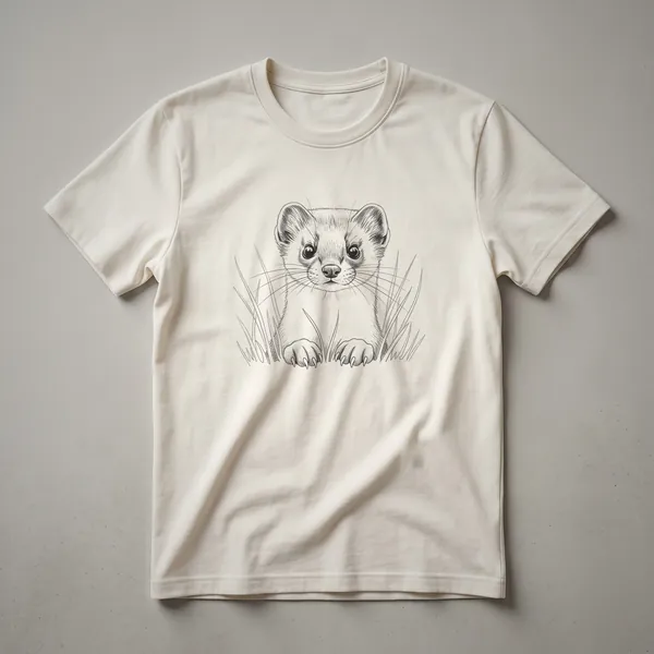 A black and white line drawing of a weasel peeking out from tall grass, printed on a black t-shirt.