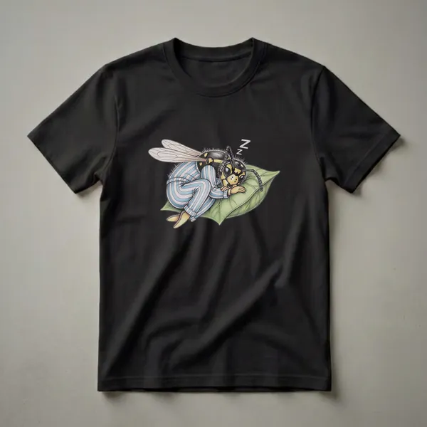 Black t-shirt featuring a drawing of a yellow and black wasp wearing blue and white striped pajamas, sleeping on a green leaf with 'ZZZ's above its head.