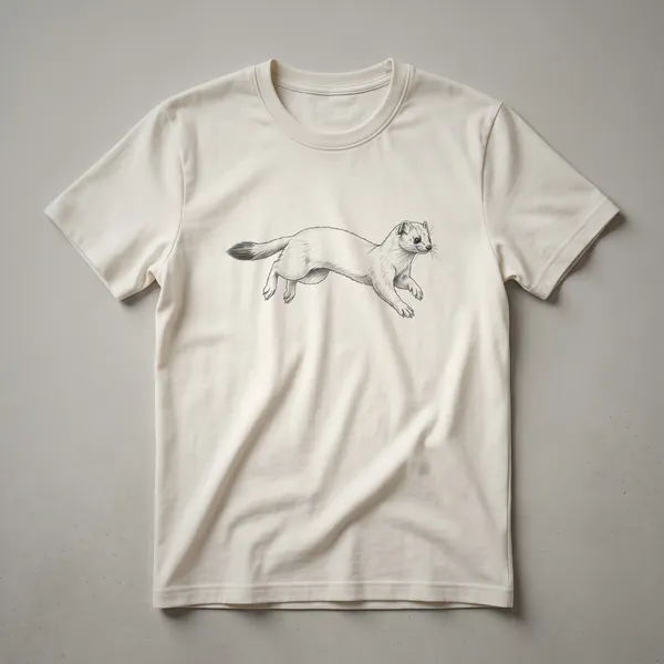 Black and white line drawing of a weasel in mid-leap, depicted on a black t-shirt.