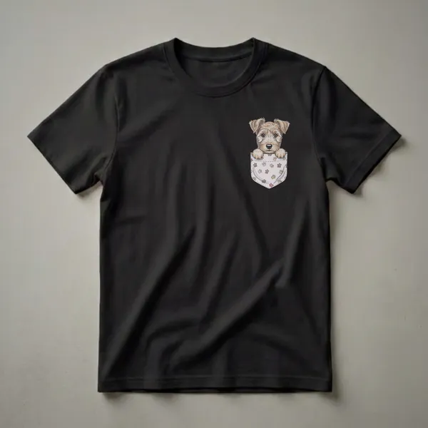 Black t-shirt featuring a drawing of a light brown Wheaten Terrier puppy peeking out of a white pocket decorated with paw prints.