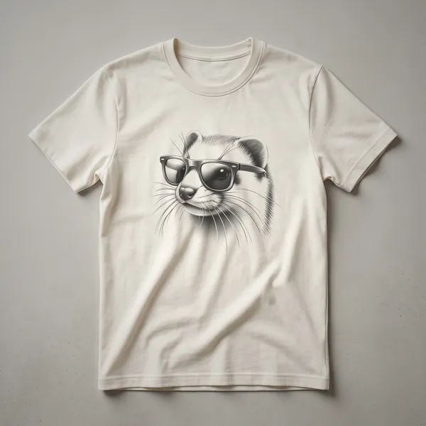 Black t-shirt with a white line drawing of a weasel wearing Wayfarer-style sunglasses, showing its whiskers and fur detail.