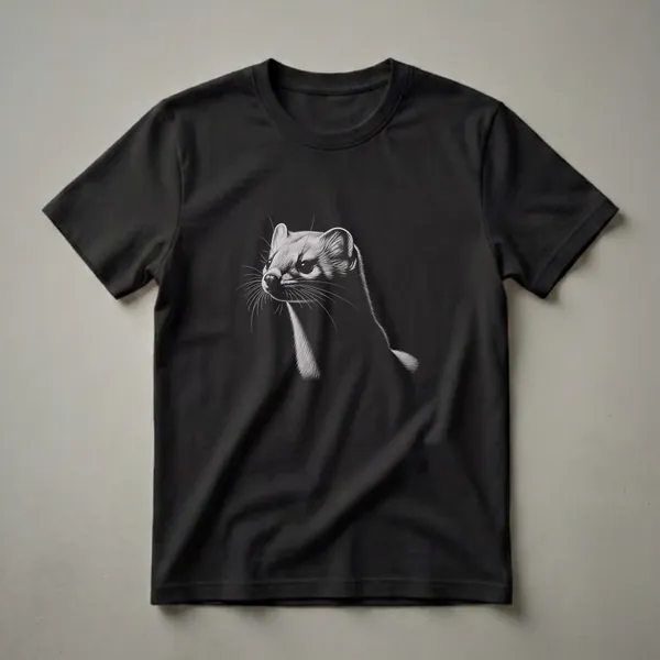 Black t-shirt featuring a detailed, high-contrast white line drawing of a weasel's head and upper body looking to the left against a black background.