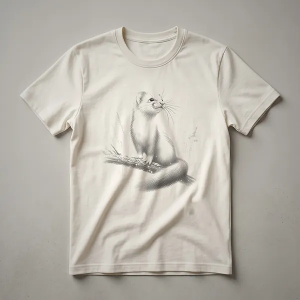 Black graphic t-shirt featuring a vintage sketch of a weasel sitting on a branch, rendered with fine linework.