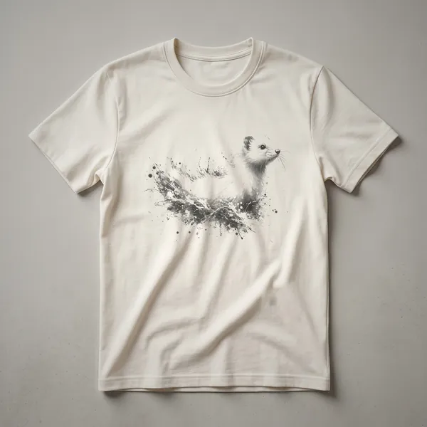 Black graphic t-shirt with a white abstract sketch of a weasel surrounded by ink splatters.