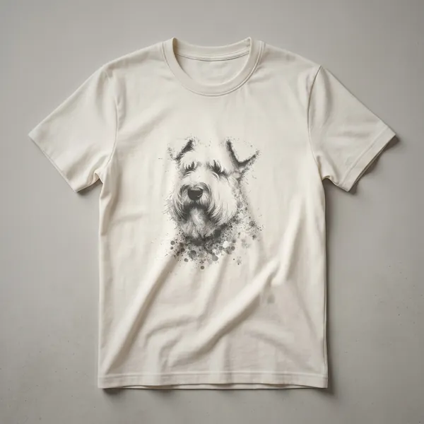 Black abstract line drawing graphic t-shirt featuring the face of a Wheaten Terrier with textured brush strokes.