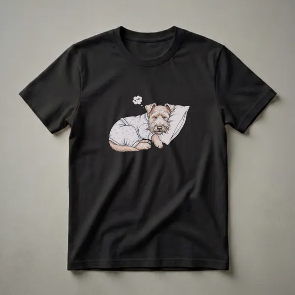A light-colored t-shirt featuring a drawing of a brown Wheaten Terrier dog wearing blue pajamas with a heart pattern, sleeping on a light-colored pillow with Zzz in a thought bubble.