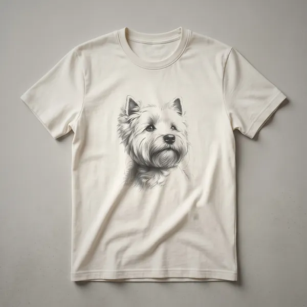 Black t-shirt featuring a vintage line drawing of a West Highland Terrier's face, showing its eyes, nose, and textured fur.