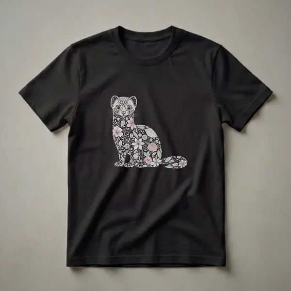 A black t-shirt featuring a stylized drawing of a weasel filled with intricate floral patterns in shades of pink, blue, and green.