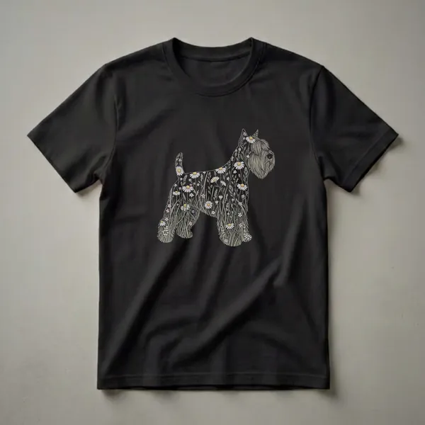 Black t-shirt featuring a Wheaten Terrier silhouette filled with a watercolor illustration of daisies, wildflowers, and green grass.