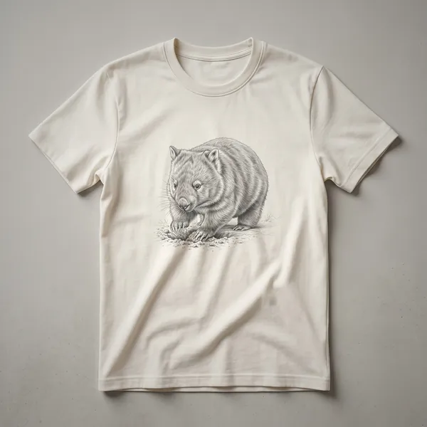 Black graphic t-shirt featuring a detailed vintage line drawing of a wombat in a naturalistic style, appearing to forage amongst rocks.
