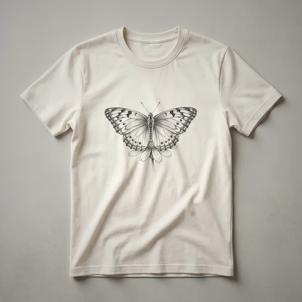Black and white line art t-shirt featuring a detailed drawing of a butterfly with intricate wing patterns, positioned above a stylized wildflower.