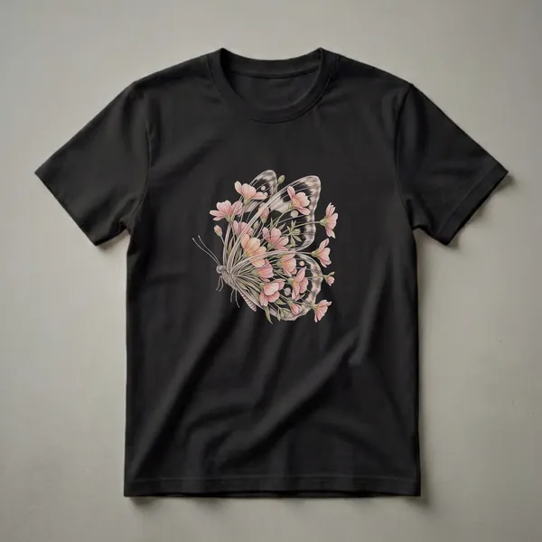 A vintage-style drawing of a butterfly with its wings and body covered in delicate pink and peach flowers, presented on a t-shirt.