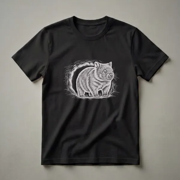 Black t-shirt featuring a white pencil-style drawing of a wombat standing in front of its burrow entrance, surrounded by sketched grass.