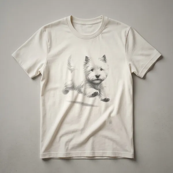 Black t-shirt with a vintage line drawing of a West Highland Terrier running, depicted in white outline.