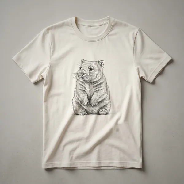 A vintage line drawing of a wombat sitting, presented on a dark t-shirt. The artwork features fine lines to depict fur texture and the animal's features.