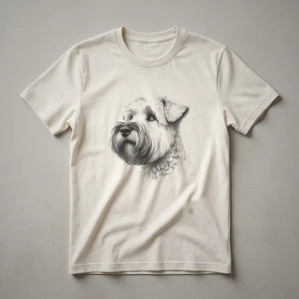 Black Wheaten Terrier drawing graphic t-shirt featuring a detailed line art portrait of the dog's face with its characteristic beard and fluffy fur.