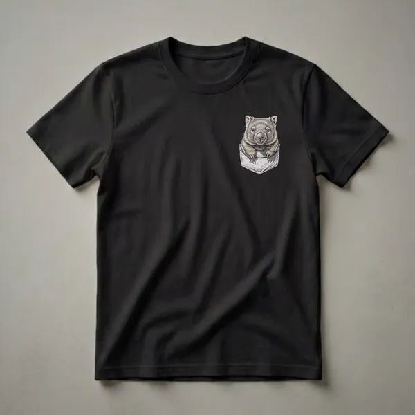 A black t-shirt featuring a detailed drawing of a wombat's head and paws peeking out of a grey dotted pocket.