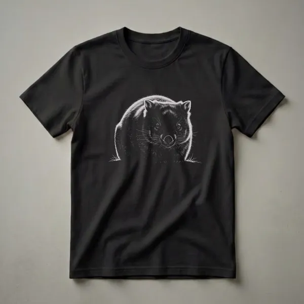 Black t-shirt with a white and light grey line drawing of a wombat facing forward, detailed fur texture, and grass at the base.