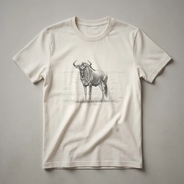 Black and white line drawing of a wildebeest standing in grass, presented on a t-shirt.