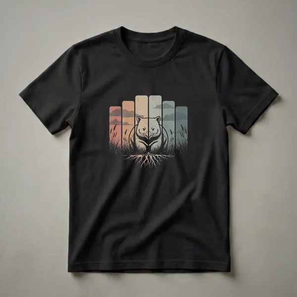 Black graphic t-shirt featuring a retro line drawing of a wombat with exposed roots and grass, set against a background of distressed vertical color blocks in sunset hues.