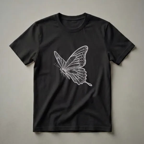 Black t-shirt with a white, intricate line drawing of a butterfly in flight, showcasing detailed wing patterns and body.