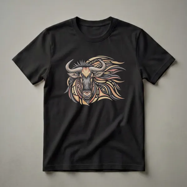 Black t-shirt featuring a retro drawing of a wildebeest head with tribal patterns in shades of orange, brown, and grey, with flowing lines representing its mane.