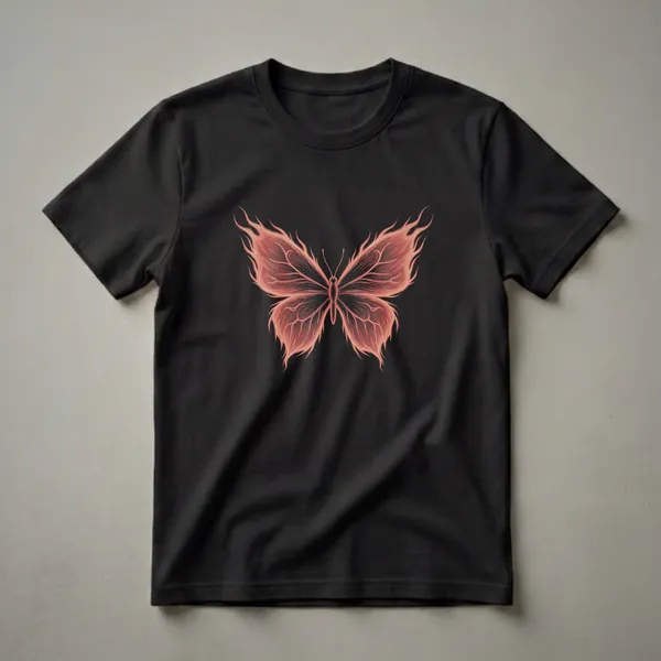Black t-shirt featuring a large, stylized butterfly with wings depicted as red and orange flames, with intricate vein-like patterns visible within the flames.