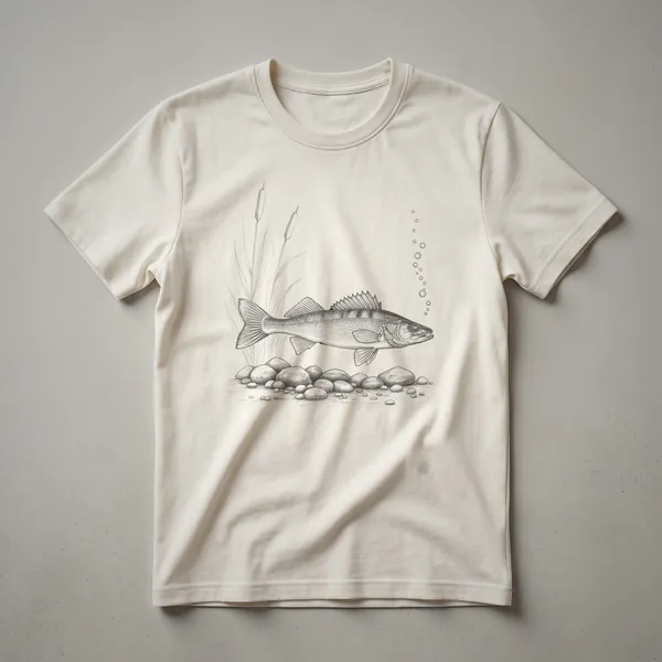 Black and white line drawing of a walleye fish swimming underwater near rocks, with bubbles rising, on a black t-shirt.