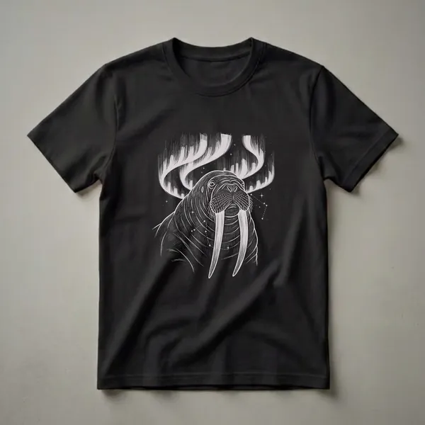 Black t-shirt featuring a vintage sketch-style illustration of a walrus's head with prominent tusks, set against a black background with a depiction of the aurora borealis and stars above.