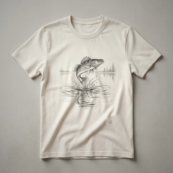 Black line drawing of a walleye fish leaping from water with splashes, set against a subtle background of trees and a lake, on a dark t-shirt.