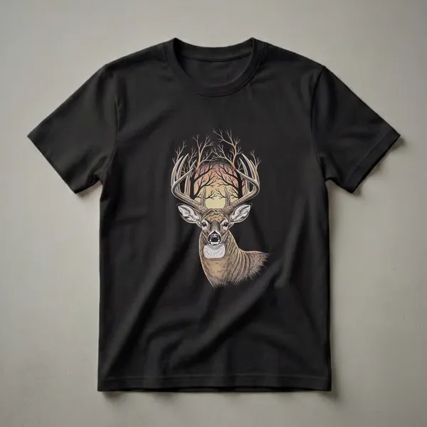 Black t-shirt featuring a detailed illustration of a whitetail deer's head. Its antlers transform into bare tree branches against a warm sunset sky with a yellow sun.