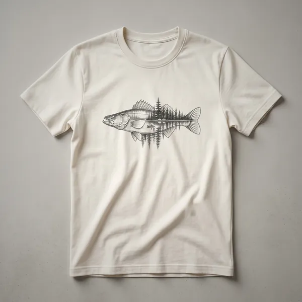 Black line art graphic t-shirt featuring a walleye fish silhouette filled with a forest landscape, lake, and a small boat with an angler.