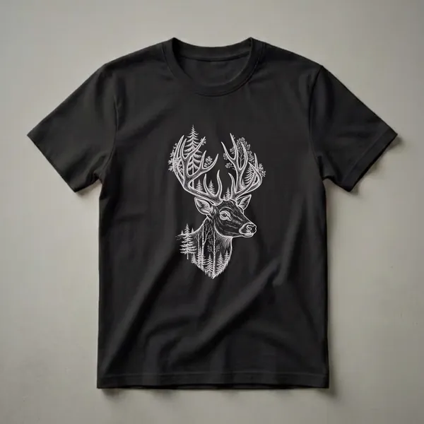 Black t-shirt with a white line drawing of a deer's head, featuring a forest scene integrated into its antlers and body, with pine and deciduous trees.
