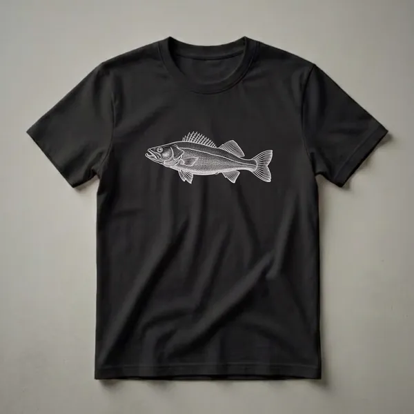 Black t-shirt with a white vintage sketch of a walleye fish, showing its scales, fins, and distinctive eye.