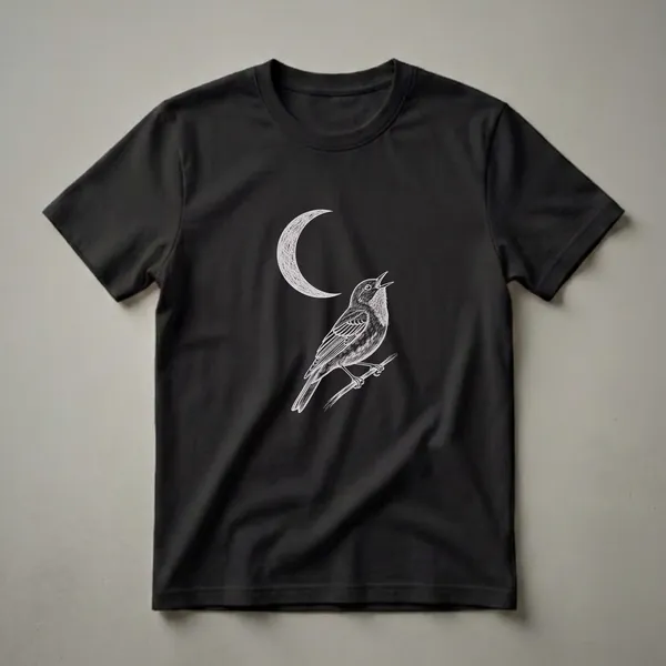 Black t-shirt with a white chalk-style drawing of a warbler bird perched on a branch with a crescent moon in the background.
