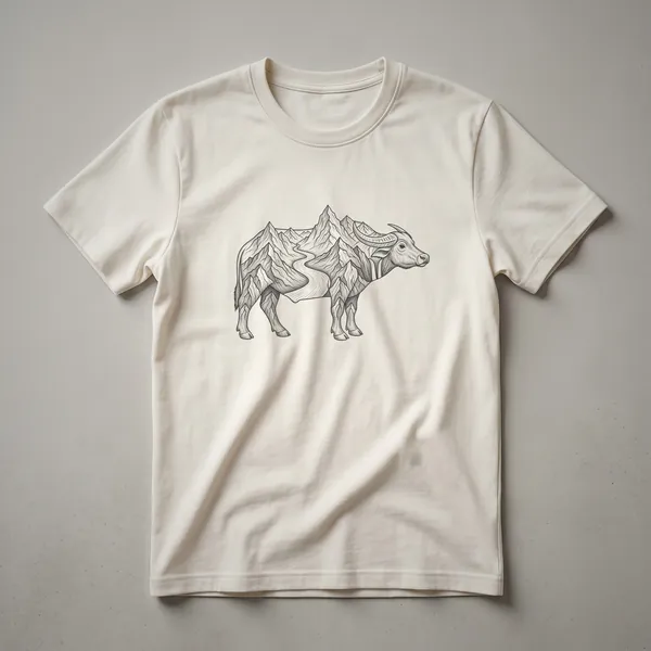 Black line drawing on a white t-shirt depicting a water buffalo with mountains and a river integrated into its body.