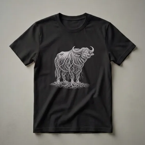 Black t-shirt featuring a detailed scratchboard drawing of a water buffalo whose legs are formed from intricate tree roots, set against a black background.