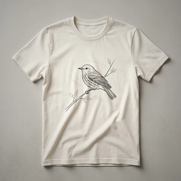 A black and white line drawing of a warbler bird perched on a branch with leaves, featured on a t-shirt.