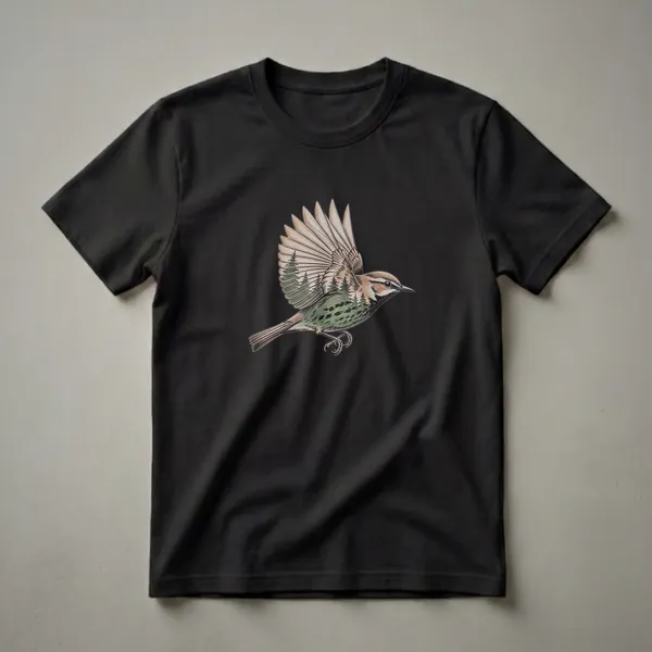 Black t-shirt featuring a vintage-style drawing of a warbler bird in flight, with a forest landscape visible within its wings and body.