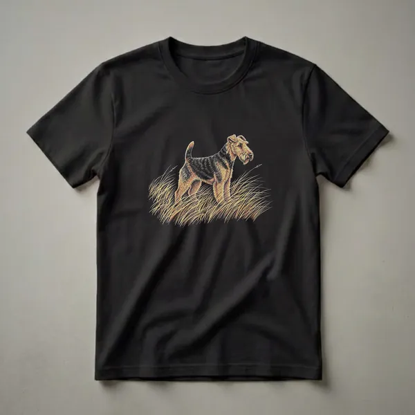 Black t-shirt with a drawing of a tan and black Welsh Terrier standing in tall golden grass.