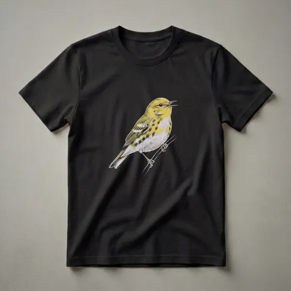 Black t-shirt featuring a detailed vintage drawing of a yellow warbler perched on a thin branch, with its beak open.