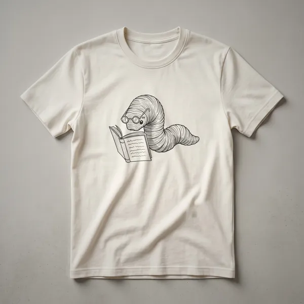 A black and white line drawing of a segmented worm wearing round glasses and reading an open book, presented on a t-shirt.