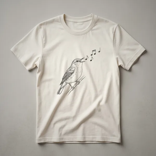A black and white line drawing on a dark shirt shows a warbler bird perched on a branch, singing with musical notes floating above its head.