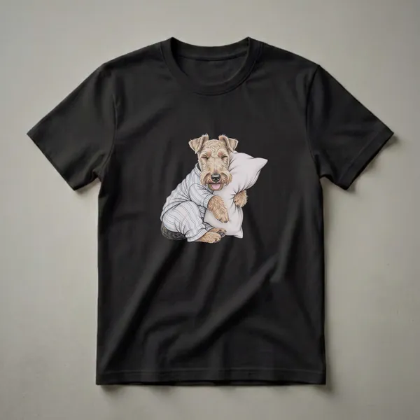 A detailed drawing of a light brown Welsh Terrier dog wearing blue and white striped pajamas and hugging a light gray pillow, with its eyes closed and tongue slightly out.