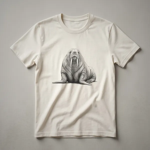 A black and white line drawing of a walrus sitting down, facing forward, on a black background. The shirt is black.