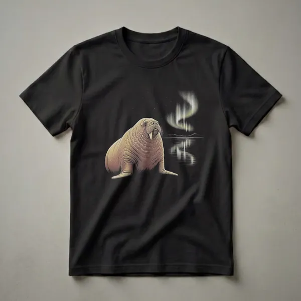 Black t-shirt featuring a detailed vintage drawing of a large walrus on the left, with the aurora borealis illuminating the sky and reflecting on water in the background on the right.
