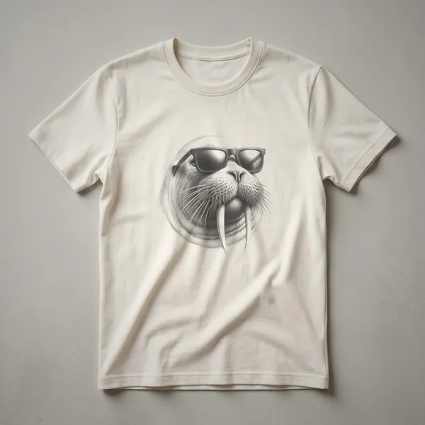 Black and white graphic t-shirt featuring a drawing of a walrus wearing sunglasses, with prominent tusks and whiskers.
