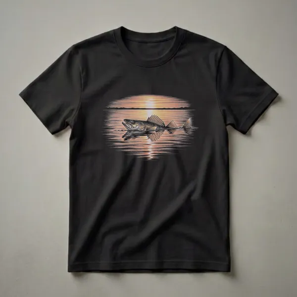 Black t-shirt featuring a vintage-style drawing of a walleye fish breaching the water during a vibrant orange and yellow sunset.