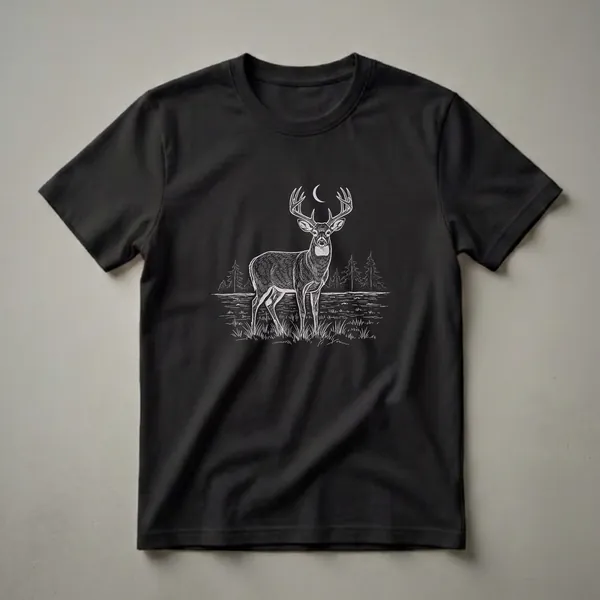 Black t-shirt with a white-line drawing of a whitetail deer buck standing in a field with pine trees and a crescent moon.